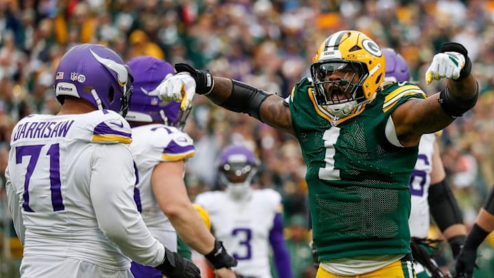 Green Bay Packers defensive end Micah Parsons (1) celebrates after sacking Minnesota Vikings quarterback J.J. McCarthy (9) on Sunday, November 23, 2025, at Lambeau Field in Green Bay, Wis. The Packers won the game, 23-6.
Tork Mason/USA TODAY NETWORK-Wisconsin