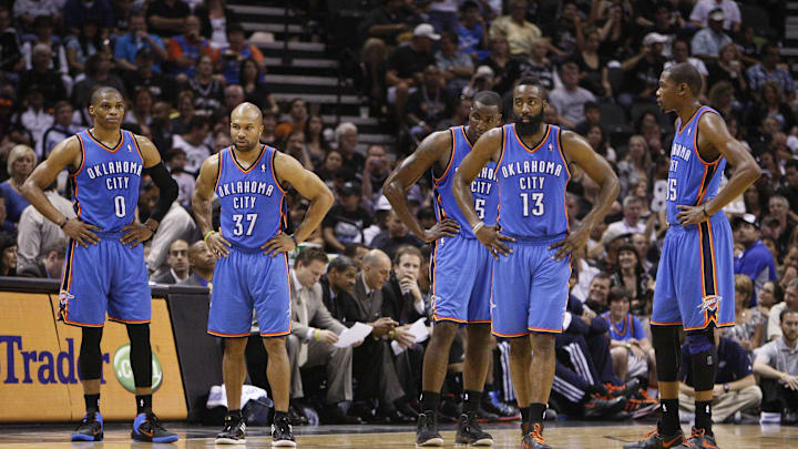 May 29, 2012; San Antonio, TX, USA; Oklahoma City Thunder players Russell Westbrook (0), and Derek Fisher (37), and Kendrick Perkins (5), and James Harden (13) and Kevin Durant (35) on the court during a timeout in game two of the Western Conference finals of the 2012 NBA playoffs against the San Antonio Spurs at the AT&T Center. the Spurs won 120-111. Mandatory Credit: Soobum Im-Imagn Images