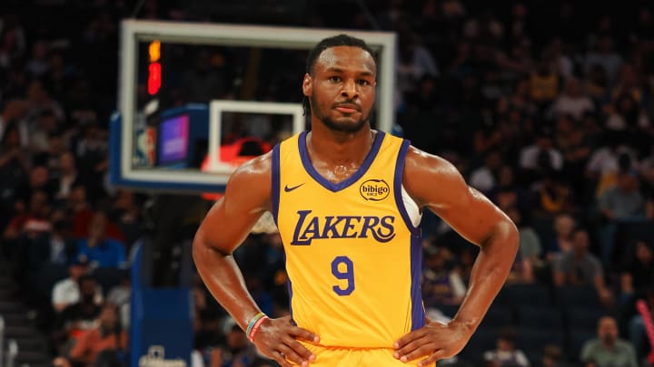 Jul 6, 2024; San Francisco, CA, USA; Los Angeles Lakers guard Bronny James Jr. (9) between plays against the Sacramento Kings during the first quarter at Chase Center. Mandatory Credit: Kelley L Cox-USA TODAY Sports