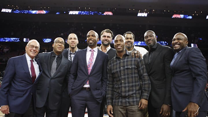 Jan 16, 2016; Auburn Hills, MI, USA; (Left to Right) Larry Brown and William Wesley and Tayshaun Prince and Richard Hamilton and Mehmet Okur and Chauncy Billups and Rasheed Wallace and Ben Wallace and Lindsey Hunter pose for a photo after the game against the Golden State Warriors at The Palace of Auburn Hills. The Pistons won 113-95. Mandatory Credit: Raj Mehta-Imagn Images