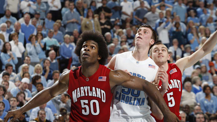 Jan. 19, 2008, Chapel Hill, NC, USA: Maryland Terrapins forward Osby Bambale (50) and guard Eric Hayes (5) fight for a rebound with North Carolina Tar Heels forward Tyler Hansbrough (50) in the Terrapins 82-80 victory against the Tar Heels in the Smith Center. Jan. 19, 2008, Chapel Hill, NC, USA: Maryland Terrapins forward Osby Bambale (50) and guard Eric Hayes (5) fight for a rebound with North Carolina Tar Heels forward Tyler Hansbrough (50) in the Terrapins 82-80 victory against the Tar Heels in the Smith Center.