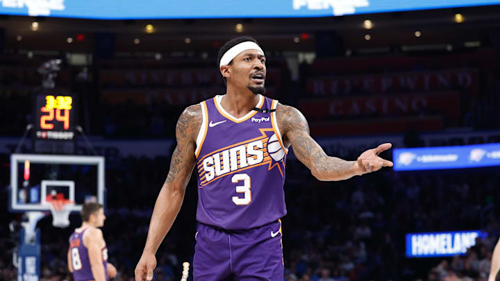 Feb 5, 2025; Oklahoma City, Oklahoma, USA; Phoenix Suns guard Bradley Beal (3) reacts to an officials play during the second half of a game against the Oklahoma City Thunder at Paycom Center. Mandatory Credit: Alonzo Adams-Imagn Images