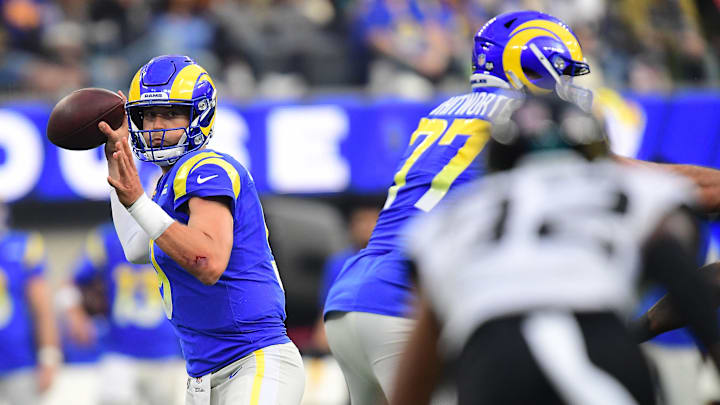 Dec 5, 2021; Inglewood, California, USA; Los Angeles Rams quarterback Matthew Stafford (9) throws against the Jacksonville Jaguars during the first half at SoFi Stadium. Mandatory Credit: Gary A. Vasquez-Imagn Images Dec 5, 2021; Inglewood, California, USA; Los Angeles Rams quarterback Matthew Stafford (9) throws against the Jacksonville Jaguars during the first half at SoFi Stadium. Mandatory Credit: Gary A. Vasquez-Imagn Images
