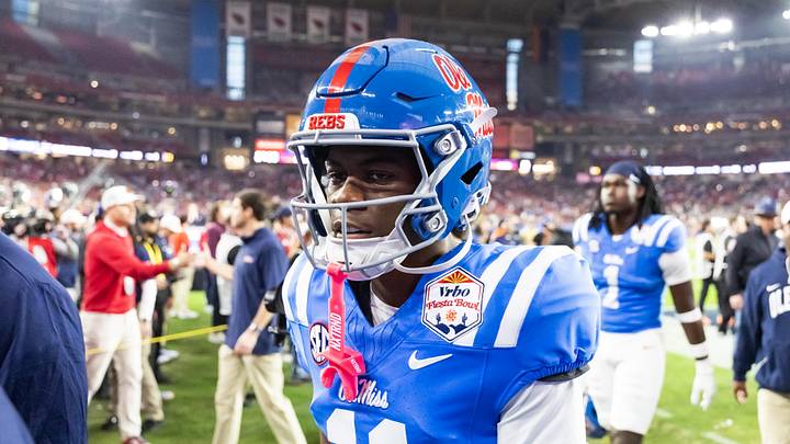 Jan 8, 2026; Glendale, AZ, USA; Mississippi Rebels wide receiver Deuce Alexander (11) against the Miami Hurricanes during the 2026 Fiesta Bowl and semifinal game of the College Football Playoff at State Farm Stadium. Mandatory Credit: Mark J. Rebilas-Imagn Images