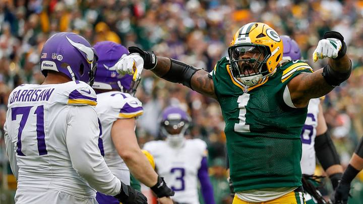 Green Bay Packers defensive end Micah Parsons (1) celebrates after sacking Minnesota Vikings quarterback J.J. McCarthy (9) on Sunday, November 23, 2025, at Lambeau Field in Green Bay, Wis. The Packers won the game, 23-6.
Tork Mason/USA TODAY NETWORK-Wisconsin
