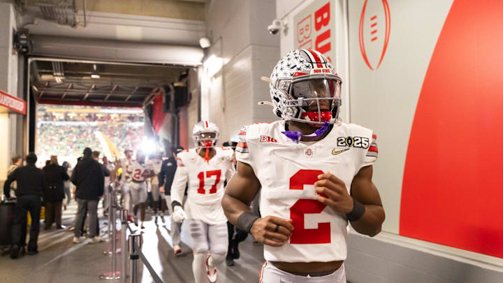 Jan 20, 2025; Atlanta, GA, USA; Ohio State Buckeyes safety Caleb Downs (2) against the Notre Dame Fighting Irish during the CFP National Championship college football game at Mercedes-Benz Stadium. Mandatory Credit: Mark J. Rebilas-Imagn Images