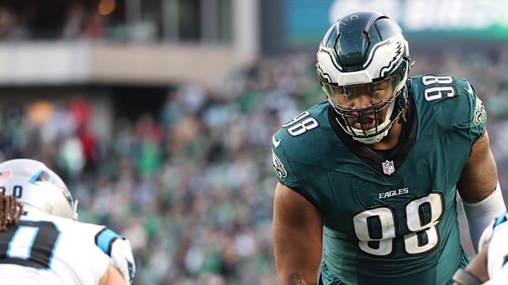 Dec 8, 2024; Philadelphia, Pennsylvania, USA; Philadelphia Eagles defensive tackle Jalen Carter (98) lines up for a play against the Carolina Panthers at Lincoln Financial Field. Mandatory Credit: Bill Streicher-Imagn Images Dec 8, 2024; Philadelphia, Pennsylvania, USA; Philadelphia Eagles defensive tackle Jalen Carter (98) lines up for a play against the Carolina Panthers at Lincoln Financial Field. Mandatory Credit: Bill Streicher-Imagn Images