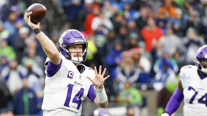 Dec 22, 2024; Seattle, Washington, USA; Minnesota Vikings quarterback Sam Darnold (14) passes against the Seattle Seahawks during the third quarter at Lumen Field. Mandatory Credit: Joe Nicholson-Imagn Images Dec 22, 2024; Seattle, Washington, USA; Minnesota Vikings quarterback Sam Darnold (14) passes against the Seattle Seahawks during the third quarter at Lumen Field. Mandatory Credit: Joe Nicholson-Imagn Images