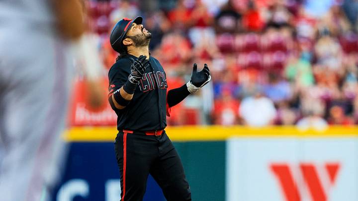Aug 14, 2026; Cincinnati, Ohio, USA; Cincinnati Reds designated hitter Eugenio Suarez (28) reacts after hitting a RBI double in the seventh inning against the Miami Marlins at Great American Ball Park. Mandatory Credit: Katie Stratman-Imagn Images