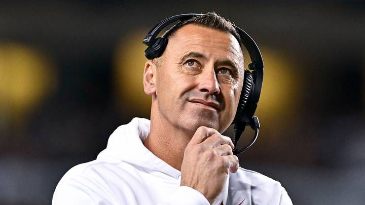 Texas Longhorns head coach Steve Sarkisian reacts during the second quarter against the Texas A&M Aggies. Texas Longhorns head coach Steve Sarkisian reacts during the second quarter against the Texas A&M Aggies.