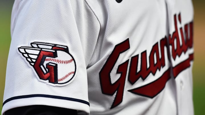Apr 15, 2022; Cleveland, Ohio, USA; A detail of the uniform of Cleveland Guardians left fielder Steven Kwan during the game between the Cleveland Guardians and the San Francisco Giants at Progressive Field. Mandatory Credit: Ken Blaze-Imagn Images