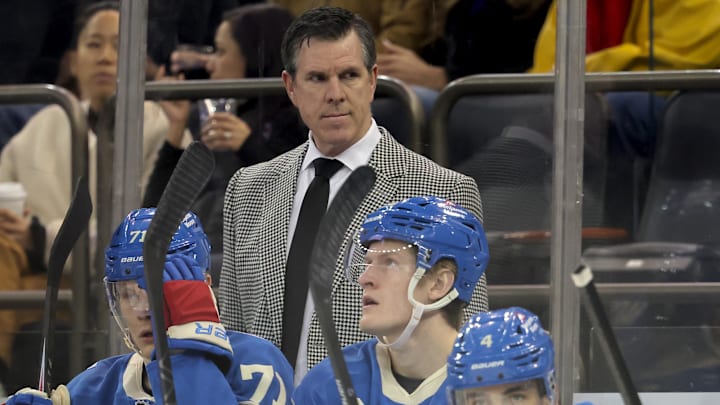 Mar 5, 2026; New York, New York, USA; New York Rangers head coach Mike Sullivan coaches against the Toronto Maple Leafs during the first period at Madison Square Garden. Mandatory Credit: Brad Penner-Imagn Images