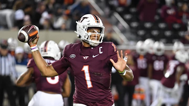Oct 24, 2025; Blacksburg, Va.; Virginia Tech quarterback Kyron Drones (1) throws a pass against California.