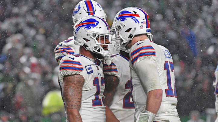 Nov 26, 2023; Philadelphia, Pennsylvania, USA; Buffalo Bills wide receiver Gabe Davis (13) celebrates touchdown  with quarterback Josh Allen (17) during the fourth quarter against the Philadelphia Eagles at Lincoln Financial Field