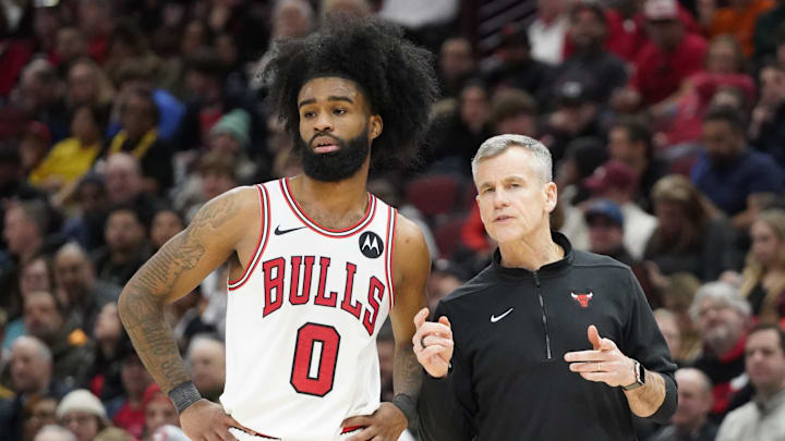 Jan 10, 2024; Chicago, Illinois, USA; Chicago Bulls guard Coby White (0) talks with head coach Billy Donovan during the second half at United Center. Mandatory Credit: David Banks-Imagn Images Jan 10, 2024; Chicago, Illinois, USA; Chicago Bulls guard Coby White (0) talks with head coach Billy Donovan during the second half at United Center. Mandatory Credit: David Banks-Imagn Images