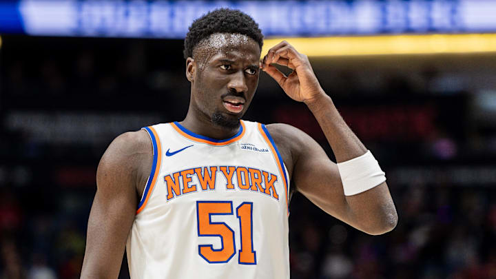 Dec 29, 2025; New Orleans, Louisiana, USA;  New York Knicks forward Mohamed Diawara (51) looks on against the New Orleans Pelicans during the first half at Smoothie King Center. Mandatory Credit: Stephen Lew-Imagn Images