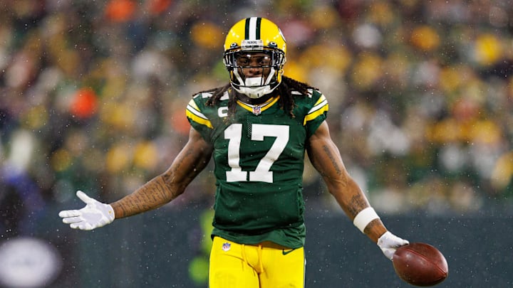 Jan 22, 2022; Green Bay, Wisconsin, USA; Green Bay Packers wide receiver Davante Adams (17) during a NFC Divisional playoff football game against the San Francisco 49ers at Lambeau Field. Mandatory Credit: Jeff Hanisch-Imagn Images
