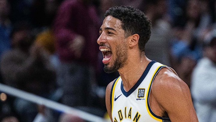 Feb 26, 2025; Indianapolis, Indiana, USA; Indiana Pacers guard Tyrese Haliburton (0) celebrates a made basket in the first half against the Toronto Raptors at Gainbridge Fieldhouse. Mandatory Credit: Trevor Ruszkowski-Imagn Images Feb 26, 2025; Indianapolis, Indiana, USA; Indiana Pacers guard Tyrese Haliburton (0) celebrates a made basket in the first half against the Toronto Raptors at Gainbridge Fieldhouse. Mandatory Credit: Trevor Ruszkowski-Imagn Images