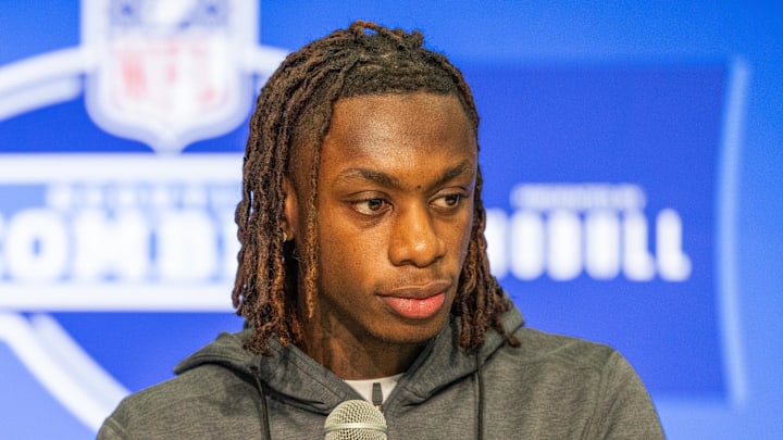 Mar 1, 2024; Indianapolis, IN, USA; Texas wide receiver Xavier Worthy (WO40) talks to the media during the 2024 NFL Combine at Lucas Oil Stadium. Mandatory Credit: Trevor Ruszkowski-Imagn Images