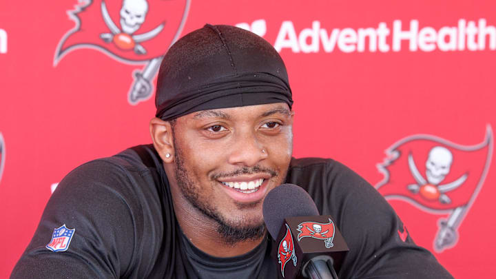 Tampa Bay Buccaneers linebacker SirVocea Dennis gives a press conference after training camp. Tampa Bay Buccaneers linebacker SirVocea Dennis gives a press conference after training camp.