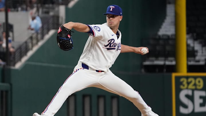 Apr 8, 2026; Arlington, Texas, USA;  Texas Rangers pitcher MacKenzie Gore (1) throws to the plate during the third inning against the Seattle Mariners at Globe Life Field. Mandatory Credit: Raymond Carlin III-Imagn Images