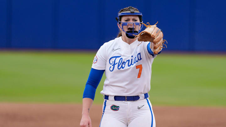 Florida pitcher Keagan Rothrock (7) celebrates after an out during a Women's College World Series softball game between the Texas Longhorns and the Florida Gators at Devon Park in Oklahoma City, Thursday, May 29, 2025.