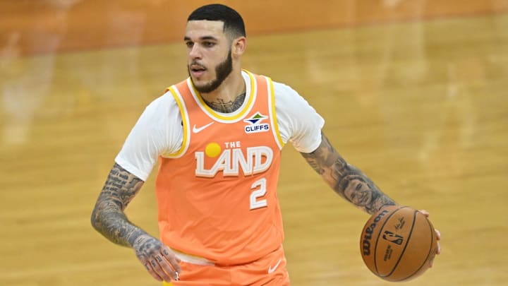 Nov 17, 2025; Cleveland, Ohio, USA; Cleveland Cavaliers guard Lonzo Ball (2) brings the ball up court in the fourth quarter against the Milwaukee Bucks at Rocket Arena. Mandatory Credit: David Richard-Imagn Images
