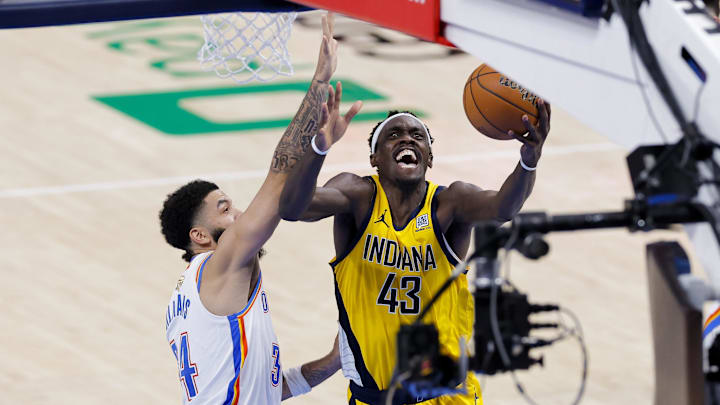 Jun 16, 2025; Oklahoma City, Oklahoma, USA; Indiana Pacers forward Pascal Siakam (43) drives to the basket past Oklahoma City Thunder forward Kenrich Williams (34) during the fourth quarter in game five of the 2025 NBA Finals at Paycom Center. Mandatory Credit: Alonzo Adams-Imagn Images Jun 16, 2025; Oklahoma City, Oklahoma, USA; Indiana Pacers forward Pascal Siakam (43) drives to the basket past Oklahoma City Thunder forward Kenrich Williams (34) during the fourth quarter in game five of the 2025 NBA Finals at Paycom Center. Mandatory Credit: Alonzo Adams-Imagn Images