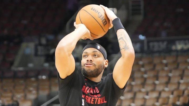 Apr 7, 2024; Toronto, Ontario, CAN; Toronto Raptors guard Bruce Brown (11) goes to shoot a basket during warm up before a game against the Washington Wizards at Scotiabank Arena. Mandatory Credit: John E. Sokolowski-Imagn Images