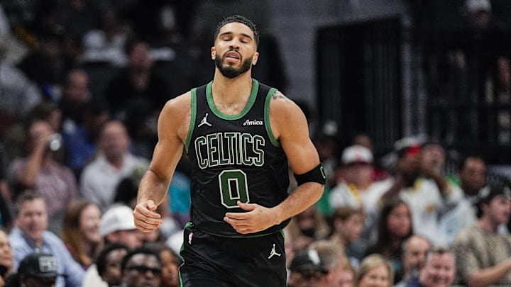 Nov 1, 2024; Charlotte, North Carolina, USA; Boston Celtics forward Jayson Tatum (0) closes his eyes heading back up court against the Charlotte Hornets during the second half at the Spectrum Center. Mandatory Credit: Jim Dedmon-Imagn Images Nov 1, 2024; Charlotte, North Carolina, USA; Boston Celtics forward Jayson Tatum (0) closes his eyes heading back up court against the Charlotte Hornets during the second half at the Spectrum Center. Mandatory Credit: Jim Dedmon-Imagn Images