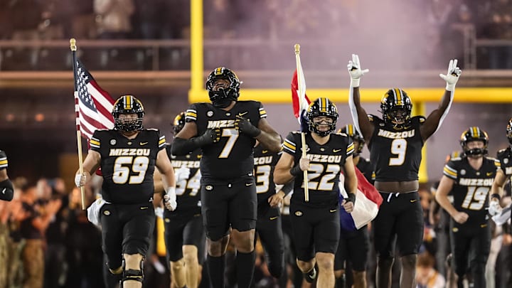 Nov 9, 2024; Columbia, Missouri, USA; The Missouri Tigers take the field prior to a game against the Oklahoma Sooners at Faurot Field at Memorial Stadium. Mandatory Credit: Jay Biggerstaff-Imagn Images