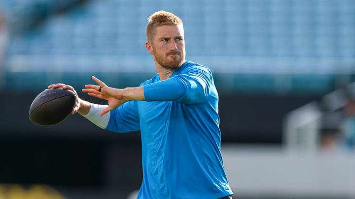 Aug 21, 2026; Jacksonville, Florida, USA; Carolina Panthers quarterback Kyle Trask (14) warms up before a preseason game against the Jacksonville Jaguars at EverBank Stadium. Mandatory Credit: Nathan Ray Seebeck-Imagn Images