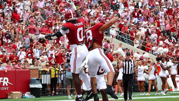 Sep 5, 2026; Tuscaloosa, Alabama, USA; Alabama Crimson Tide linebacker Yhonzae Pierre (0) celebrates his interception return for a touchdown with teammate Alabama Crimson Tide linebacker Justin Hill (8) during the second quarter against the East Carolina Pirates at Saban Field at Bryant-Denny Stadium. Mandatory Credit: David Leong-Imagn Images Sep 5, 2026; Tuscaloosa, Alabama, USA; Alabama Crimson Tide linebacker Yhonzae Pierre (0) celebrates his interception return for a touchdown with teammate Alabama Crimson Tide linebacker Justin Hill (8) during the second quarter against the East Carolina Pirates at Saban Field at Bryant-Denny Stadium. Mandatory Credit: David Leong-Imagn Images