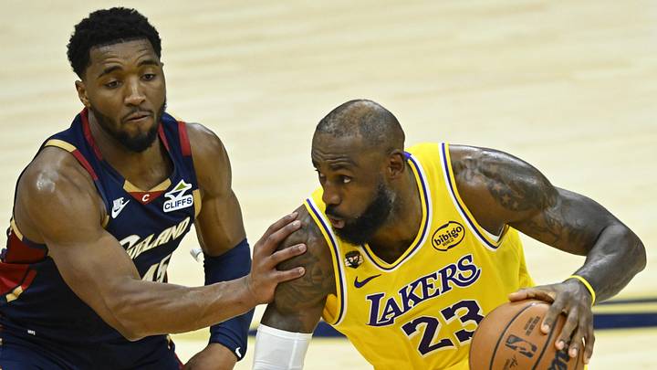 Jan 28, 2026; Cleveland, Ohio, USA; Cleveland Cavaliers guard Donovan Mitchell (45) defends Los Angeles Lakers forward LeBron James (23) in the fourth quarter at Rocket Arena. Mandatory Credit: David Richard-Imagn Images Jan 28, 2026; Cleveland, Ohio, USA; Cleveland Cavaliers guard Donovan Mitchell (45) defends Los Angeles Lakers forward LeBron James (23) in the fourth quarter at Rocket Arena. Mandatory Credit: David Richard-Imagn Images
