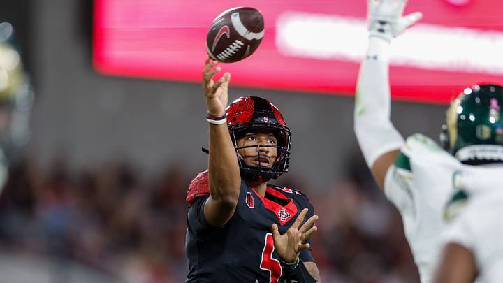 Oct 3, 2025; San Diego, California, USA; San Diego State Aztecs quarterback Bert Emanuel Jr. (5).