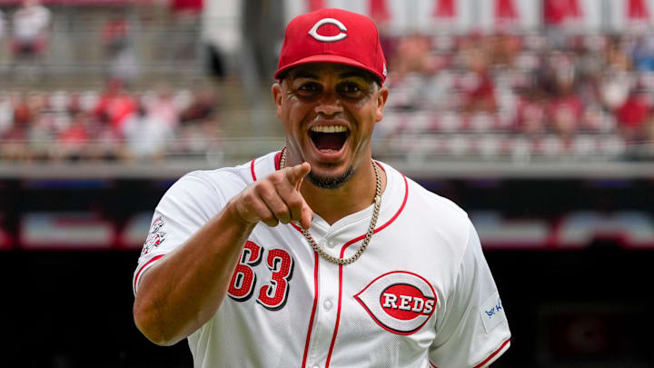Cincinnati Reds pitcher Fernando Cruz (63) celebrates after playing a bunt to end the top of the fourth inning of the MLB National League Game between the Cincinnati Reds and the Pittsburgh Pirates at Great American Ball Park in downtown Cincinnati on Sunday, Sept. 22, 2024. The Pirates led 1-0 after four innings.