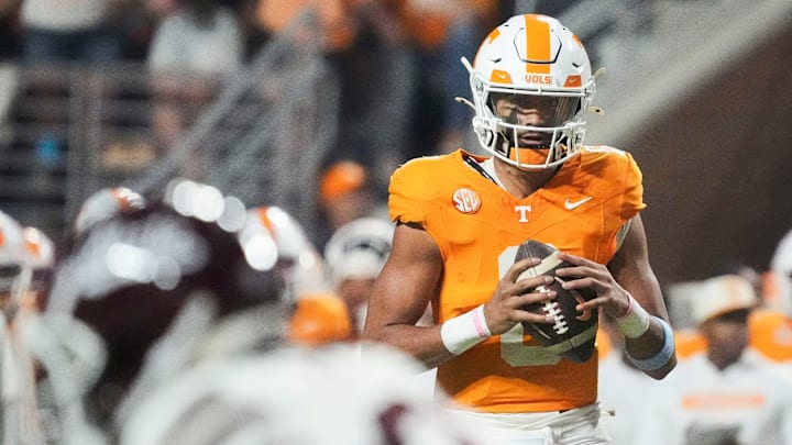 Tennessee quarterback Nico Iamaleava (8) during a college football game between Tennessee and Mississippi State at Neyland Stadium in Knoxville, Tenn., on Saturday, Nov. 9, 2024.