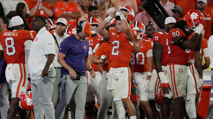 Aug 30, 2025; Clemson, South Carolina, USA; Clemson Tigers quarterback Cade Klubnik (2) takes off his helmet on the sideline during the second half at Memorial Stadium. Mandatory Credit: Ken Ruinard-USA TODAY Network via Imagn Images