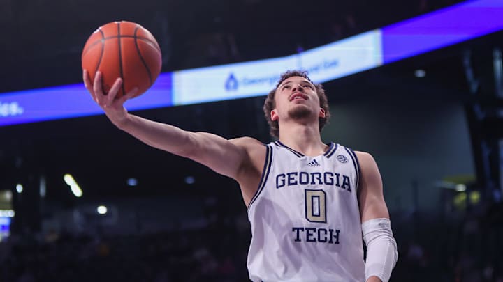 Jan 4, 2025; Atlanta, Georgia, USA; Georgia Tech Yellow Jackets guard Lance Terry (0) shoots against the Boston College Eagles in the second half at McCamish Pavilion. Mandatory Credit: Brett Davis-Imagn Images