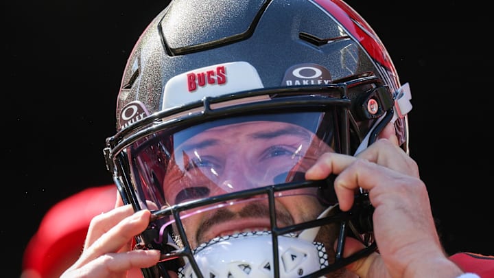 Tampa Bay Buccaneers quarterback Baker Mayfield walks out of the tunnel for warm ups before a game against the Las Vegas Raiders. Tampa Bay Buccaneers quarterback Baker Mayfield walks out of the tunnel for warm ups before a game against the Las Vegas Raiders.