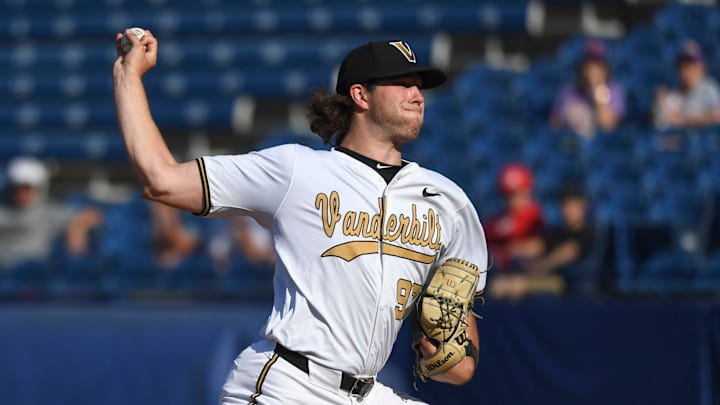 May 21 2024; Hoover, AL, USA; Vanderbilt starter Bryce Cunningham makes a pitch against Florida at the Hoover Met on the opening day of the SEC Tournament.