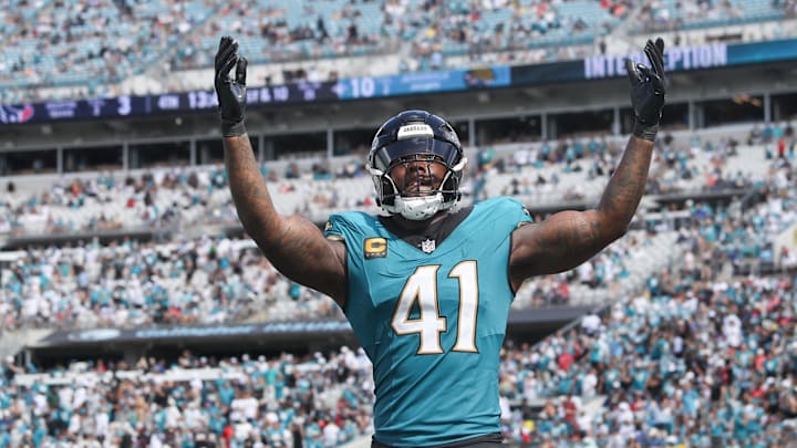 Sep 21, 2025; Jacksonville, Florida, USA; Jacksonville Jaguars defensive end Josh Hines-Allen (41) waves to the fans during the second half against the Houston Texans at EverBank Stadium. Mandatory Credit: Morgan Tencza-Imagn Images