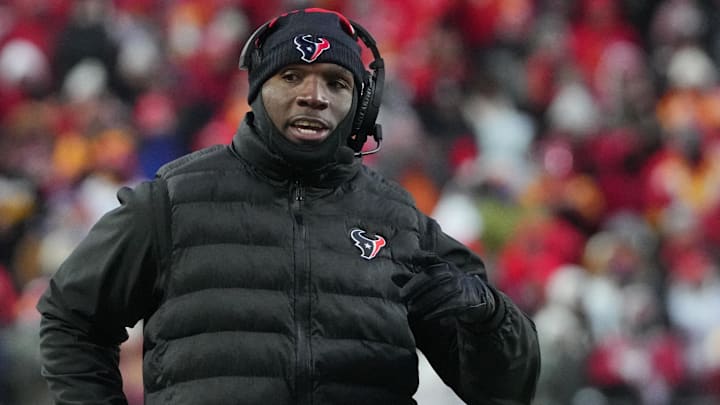 Jan 18, 2025; Kansas City, Missouri, USA; Houston Texans head coach DeMeco Ryans reacts during the third quarter of a 2025 AFC divisional round game against the Kansas City Chiefs at GEHA Field at Arrowhead Stadium. Mandatory Credit: Denny Medley-Imagn Images