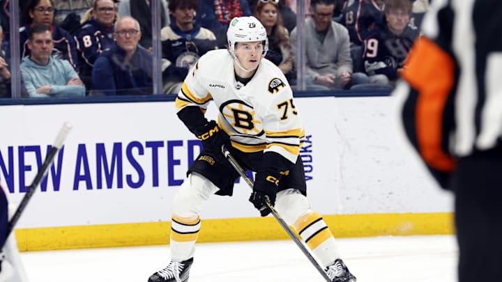Mar 29, 2026; Columbus, Ohio, USA; Boston Bruins left wing Lukas Reichel (75) looks to pass against the Columbus Blue Jackets during the first period at Nationwide Arena. Mandatory Credit: Russell LaBounty-Imagn Images