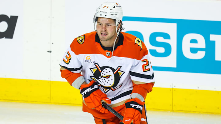 Apr 3, 2025; Calgary, Alberta, CAN; Anaheim Ducks center Mason McTavish (23) skates during the warmup period against the Calgary Flames at Scotiabank Saddledome. Mandatory Credit: Sergei Belski-Imagn Images