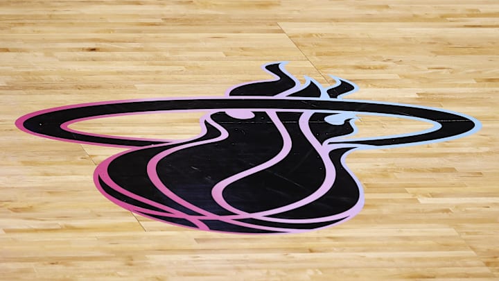 Jan 4, 2021; Miami, Florida, USA;  A detailed view of the Miami Heat's \"Vice Versa\" logo on the court during the second half against the Oklahoma City Thunder at American Airlines Arena. 