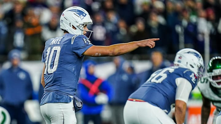 Nov 13, 2025; Foxborough, Massachusetts, USA; New England Patriots quarterback Drake Maye (10) on the field against the New York Jets in the third quarter at Gillette Stadium. Mandatory Credit: David Butler II-Imagn Images