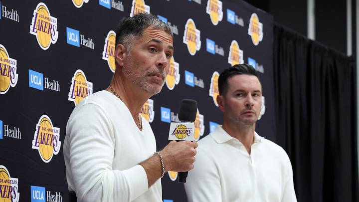Sep 24, 2026; Los Angeles, CA, USA; Los Angeles Lakers president of basketball operations and general manager Rob Pelinka (left) and head coach JJ Redick speak to the media during a press conference at UCLA Health Training Center. Mandatory Credit: Kiyoshi Mio-Imagn Images Sep 24, 2026; Los Angeles, CA, USA; Los Angeles Lakers president of basketball operations and general manager Rob Pelinka (left) and head coach JJ Redick speak to the media during a press conference at UCLA Health Training Center. Mandatory Credit: Kiyoshi Mio-Imagn Images