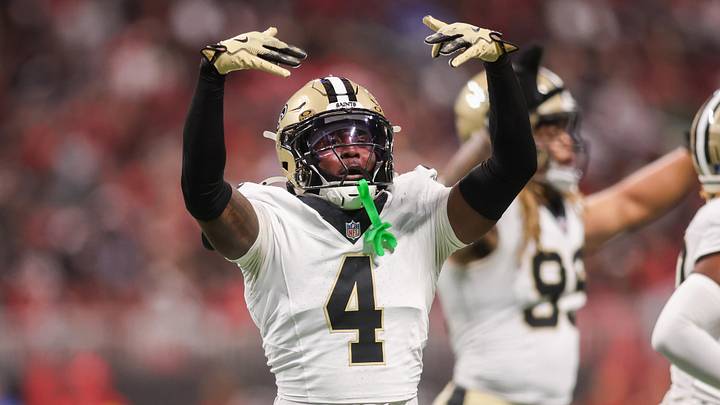 Jan 4, 2026; Atlanta, Georgia, USA; New Orleans Saints cornerback Kool-Aid McKinstry (4) reacts after a play against the Atlanta Falcons in the fourth quarter at Mercedes-Benz Stadium. Mandatory Credit: Brett Davis-Imagn Images Jan 4, 2026; Atlanta, Georgia, USA; New Orleans Saints cornerback Kool-Aid McKinstry (4) reacts after a play against the Atlanta Falcons in the fourth quarter at Mercedes-Benz Stadium. Mandatory Credit: Brett Davis-Imagn Images