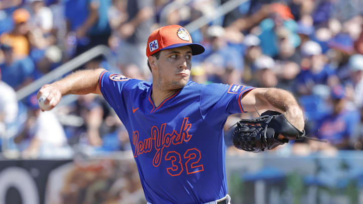 Feb 23, 2025; Port St. Lucie, Florida, USA;  New York Mets pitcher Max Kranick (32) throws during the first inning against the Miami Marlins at Clover Park. Mandatory Credit: Reinhold Matay-Imagn Images